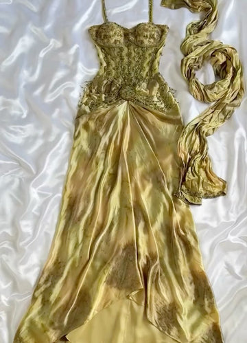 Niulatu Gold Spaghetti Strap Silk Sheath Prom Dresses Beaded Evening Gowns with Scarf HZ1026